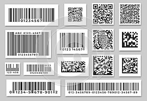 Barcode labels. Code stripes sticker, digital bar label and retail pricing bars labeling stickers. Industrial barcodes vector set