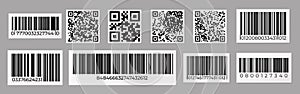 Barcode and QR code. Product price sticker with stripped identification mark for retail, data bar number. Vector