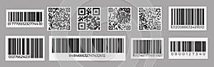 Barcode and QR code. Product price sticker with stripped identification mark for retail, data bar number. Vector photo