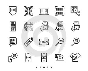 Barcode and QR code scan line icons set