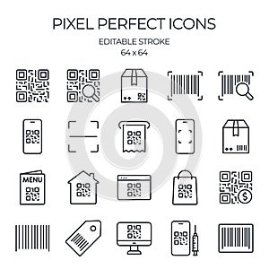 Barcode and Qr code scanning related editable stroke outline icons set isolated on white background flat vector illustration.