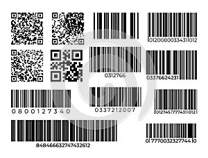 Barcode and QR code set. Scan bar industrial or supermarket label. Vector scanning barcode sign