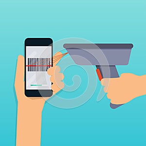 A barcode scanner scanning a bar code on a mobile phone. Flat de