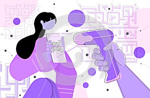 barcode scanner scanning QR code on smartphone screen electronic digital technology e-payment verification