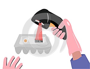 Barcode scanner in a supermarket. Safety requirements for stores during a pandemic. A gloved seller scans a barcode of eggs.