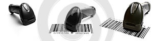 Barcode scanning set. Reader laser scanner for warehouse. Retail label barcode scan isolated on white background