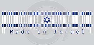 Barcode set the color of Israel flag, blue hexagram on a white background, between two blue stripes. text: Made in Israel.