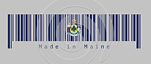 Barcode set the color of Maine flag. Maine coat of arms defacing blue field. text: Made in Maine. Concept of sale