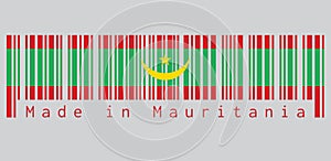 Barcode set the color of Mauritania flag, Two red stripes flanking a green field with a golden crescent and star.