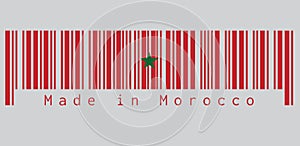 Barcode set the color of Morocco flag, red field with a black-bordered green pentagram. text: Made in Morocco.