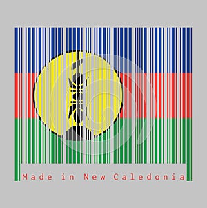 Barcode set the color of New Caledonia flag, blue red and green with a yellow disc fibrated black and defaced with a vertical