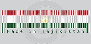 Barcode set the color of Tajikistan flag, red white and green; charged with a crown surmounted by an arc of seven stars.