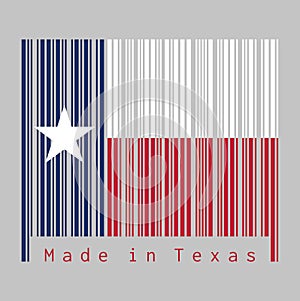 Barcode set the color of Texas flag, blue containing a single centered white star. The remaining field is divided horizontally