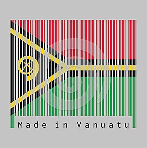 Barcode set the color of Vanuatu flag, red and green with black and yellow color boar`s tusk encircling two crossed fern fronds i