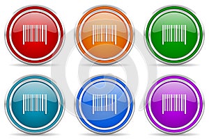 Barcode silver metallic glossy icons, set of modern design buttons for web, internet and mobile applications in 6 colors options