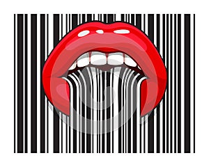 Barcode strip makeup of female mouth with tongue