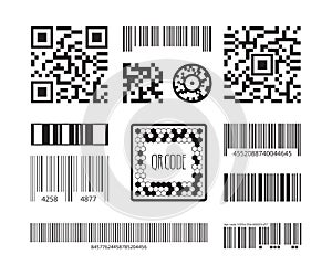 Barcode symbols. Coding products sticker qr digital code technology vector template collection