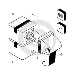 Barcode tracking and logistics verification, trendy illustration of parcel scanning