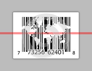Barcode with world map over gray