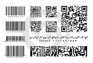 Barcodes. QR-code identification labels. Realistic inventory codes with graphic signs and numbers. Merchandise stickers