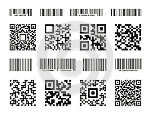 Barcodes and QR. Scan code for labeling and tracking, black stripes with barcode and number for identification