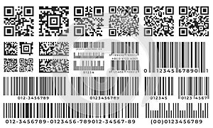 Barcodes. Scan bar label, qr code and industrial barcode. Product inventory badge, codes stripe sticker and package bars
