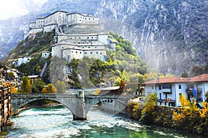 Bard fortress castle or Castello di Bard - great medieval castle of Valle d`Aosta, northern Italy