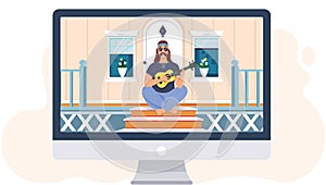 Bard performing his song on computer monitor. Man sitting on doorstep of his house and plays ukulele