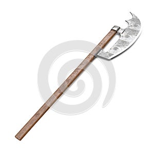 Bardiche Long Poleaxe Weapon on white. 3D illustration
