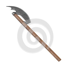 Bardiche Long Poleaxe Weapon on white. 3D illustration