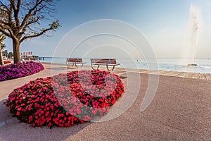 Bardolino promenade: idyllic view on lake Garda with fountain