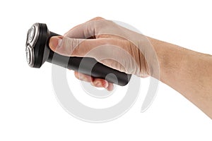 bare caucasican hand holding three razor black electric shaver - isolated