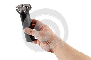 bare caucasican hand holding three razor black electric shaver - isolated