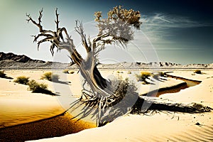 Bare dry tree on cracked earth. Climate change with desertification process. Generated AI