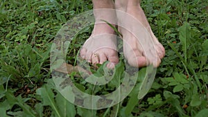 Bare feet of a boy walking along the green grass in a summer sunny day