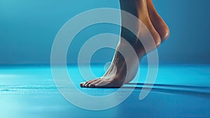 The bare feet of a man rising on a blue background