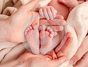 Bare feet of newborn surrounded by family members hands