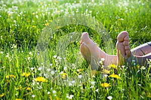 Bare feet on spring grass