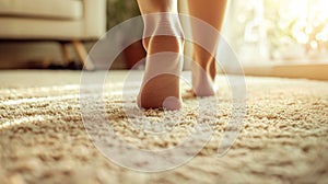 Bare Feet Walking on a Fluffy Carpet in Sunlit Room. Generative ai