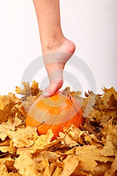 Bare foot of teenage girl stepping on pumpkin