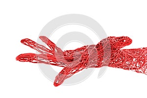 bare hand shaped knit strings spiral body hollow movement gesture red blood vessel arteries, aorta tangled on white background.