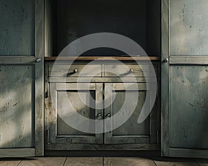 Bare kitchen cupboards, doors ajar, dim evening light, low angle view, hyper-realistic texture