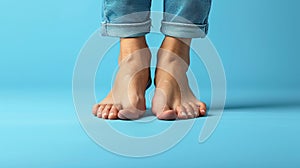 Bare male feet in jeans on the floor of a hospital room