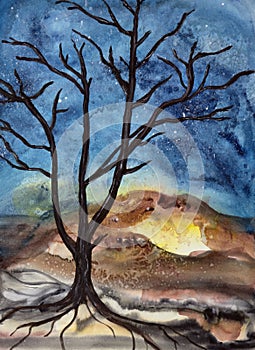 Bare tree with colorful sky watercolor painting