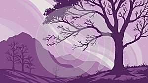 Bare Tree in a Dramatic Mountainous Landscape at Twilight, vector design Generative AI