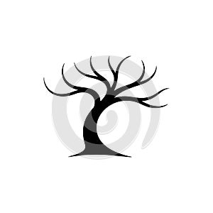 Bare Tree Silhouette with Curved Trunk and Branches on White Background