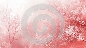 Bare trees with a pinkish-white frost effect over a misty background., Generated AI