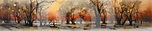Bare trees watercolor border, wintertime landscape, generative AI