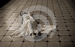 Barefeet woman laying on the floor