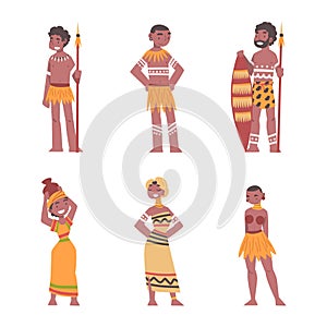 Barefoot African Aboriginal Man and Woman Character Dressed in Traditional Tribal Clothing with Vase and Spear Vector
